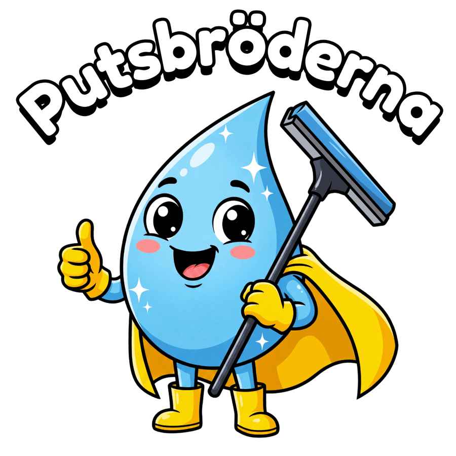 Putsbröderna maskot, en glad vattendroppe med skrapa